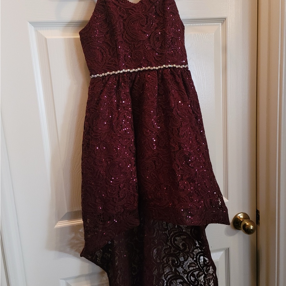 Rare Editions Burgundy Lace High-Low Dress